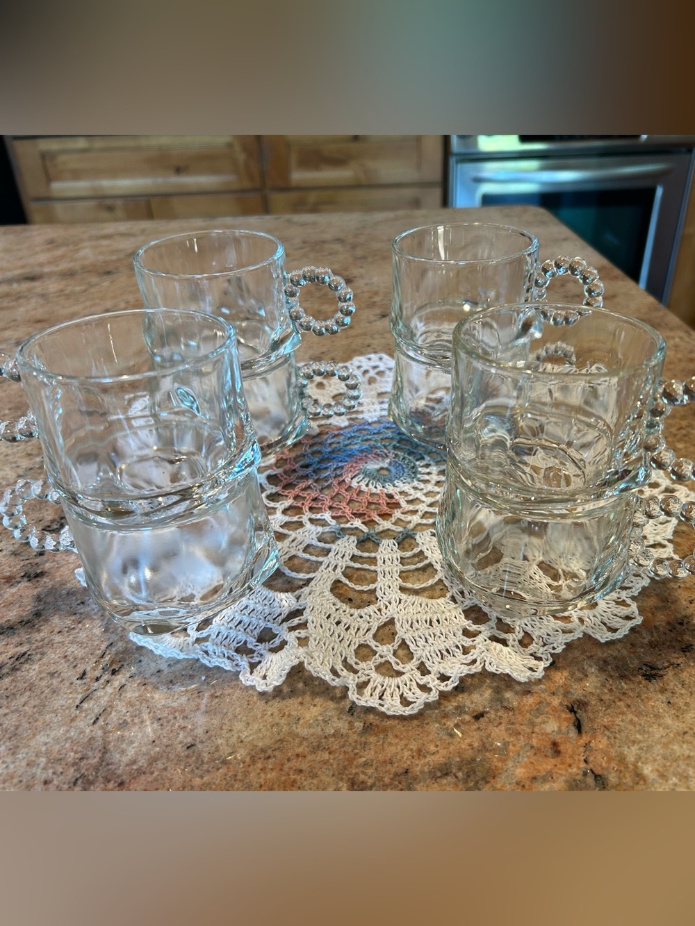 Hazel-Atlas Glass (8) Sip-Snack-Smoke” Set of Beaded Loop Handle Cups 6oz ea